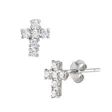 Sterling Silver 925 Cross Rhodium Fashion Cz Stud Earring