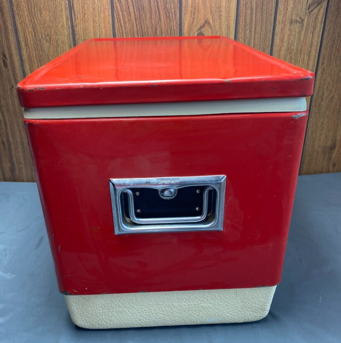 Vintage 1975 Coleman Red Metal Cooler White Bottom 22.5 X 13.5X16