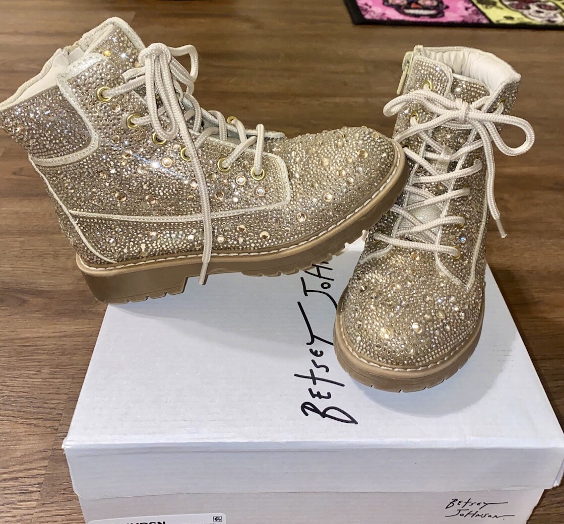 Betsey Johnson Hudson Rhinestone Combat Boots Light Gold Worn Once