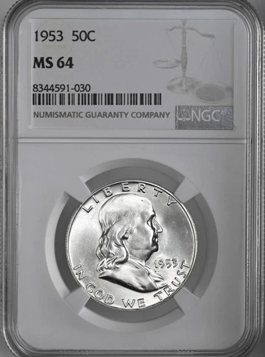 1953-P  50C  FRANKLIN SILVER HALF DOLLAR PHILADELPHIA MINT NGC MS64 #8344591-030