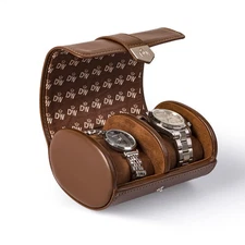 DUKWIN Vegan Leather Double Watch Roll for Men Women Travel Case Storage Brown