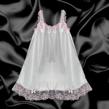 White Satin Sissy Ruffle Frilly Bows Baby Doll Nighty Lingerie Size M - XL