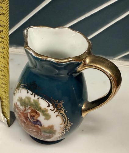 Vtg Limoges France Mini Pitcher Creamer Fragonard Scene, Teal Gold Hand Painted - Picture 6 of 8