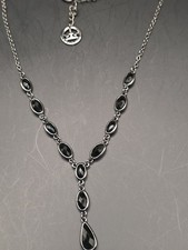 Vtg Crown Trifari Black Rhinestone Y-Drop Pendant Necklace Signed Silver Tone