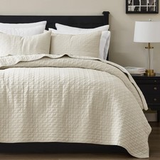 Beige 100 Cotton Quilt Queen Size Bedding Sets with 2 Pillow Shams, Textured...