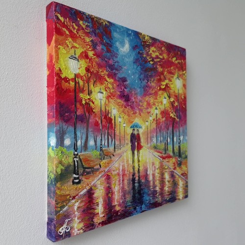 Original Oil Painting Vibrant Autumn Park Scene Couple Umbrella Canvas Wall Art - Picture 12 of 24