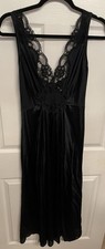 Vtg Adonna BLACK w Lace Bodice Nightgown Negligee Gown Olga-Esque Sweep MED PT
