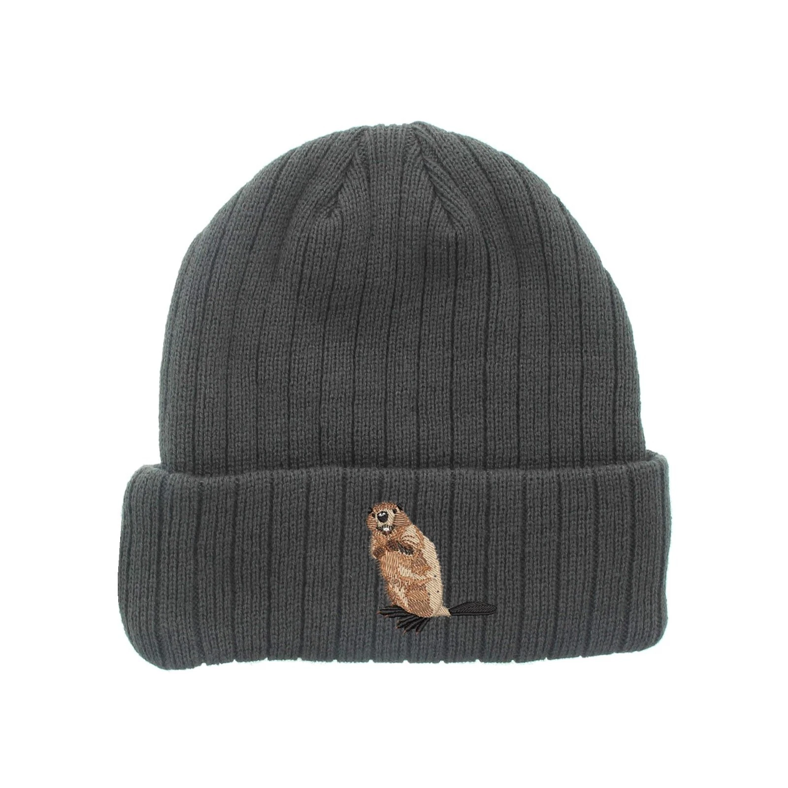Wildlife Beaver embroidered fleece beanie hat, insulated winter beanie hat