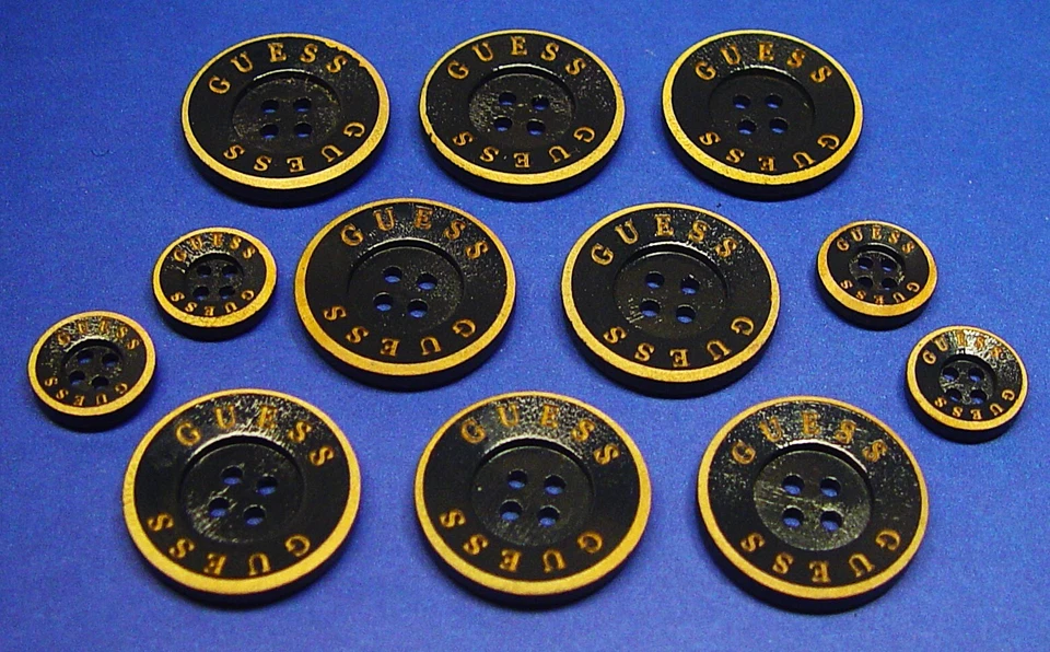 GUESS replacement buttons 12 painted wood 4hole signature buttons Fair used Cond - Image 2 of 4