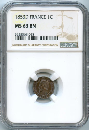 France Napoleon III 1 Centime 1853 D Lyon NGC MS63 BN