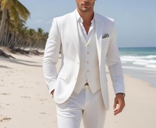 Men's Linen 3 Piece Suit Slim fit Summer White Linen 3pc Beach Wedding Suit
