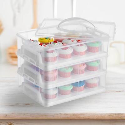 3 Ebenen Kunststoff Kuchen Box Träger Cupcake Aufbewahrungsbox Behälter Klar mit Deckel