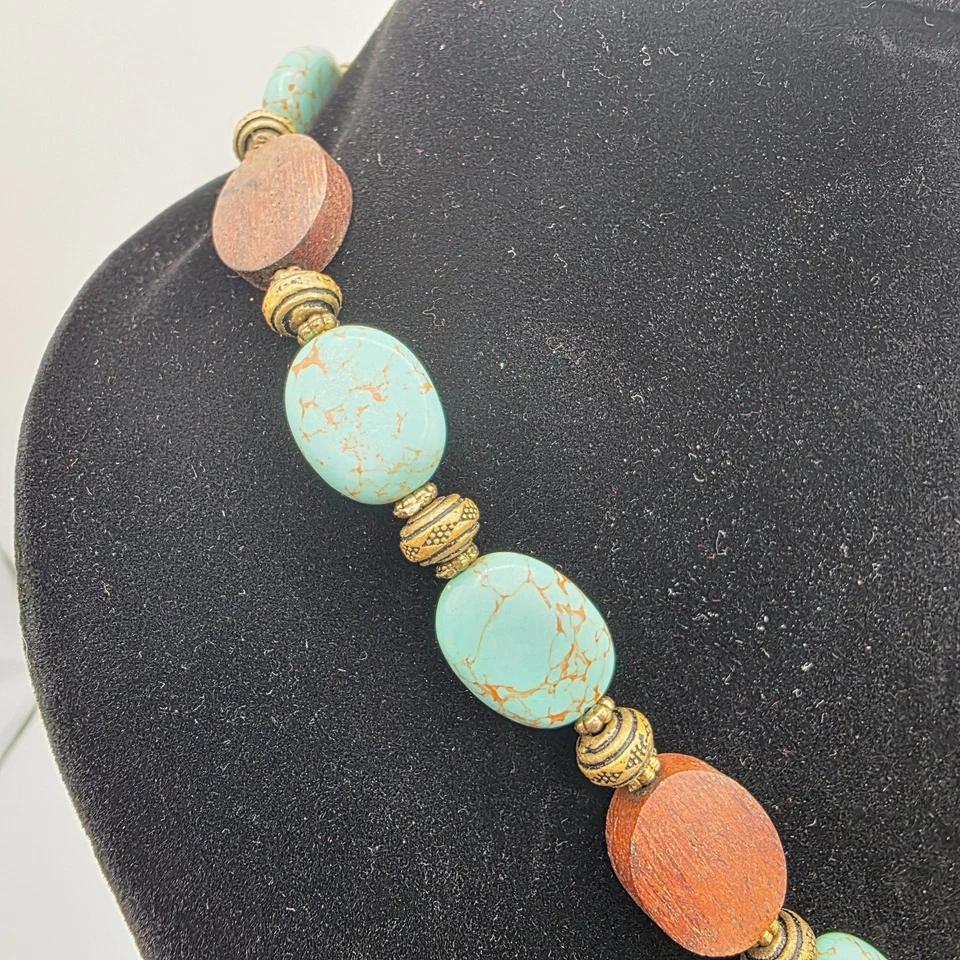 Womens Turquoise Brown Beaded Wood Stone Gold Tone Chain Bohemian Beach 22" - Image 3 of 4
