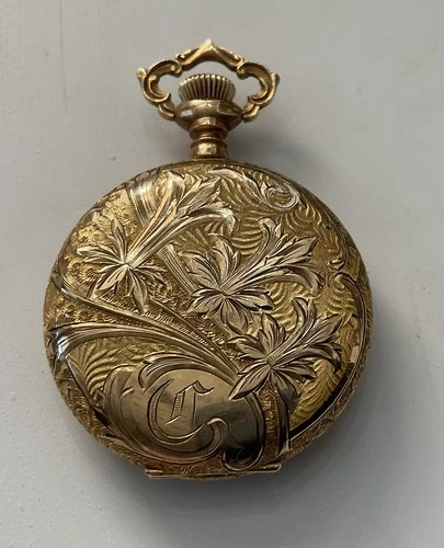 Antique Women’s Pocket Watch Elgin Gold 14K Keystone Beautiful Hunter Case Clara