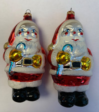 2 Vintage Blown Glass Santa Holding Candy Cane Christmas Ornament Columbia