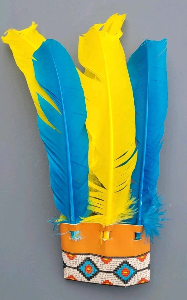 Vintage Costume Big Chief Headdress Lot of 2 Paper Headband Blue/Yellow Feathers - Image 4 of 4