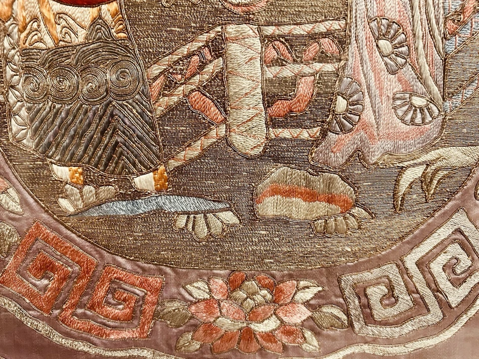 "Deidades Fu Lu antiguas chinas enmarcadas de seda y oro bordado 30""x25""" Foto 4 de 4