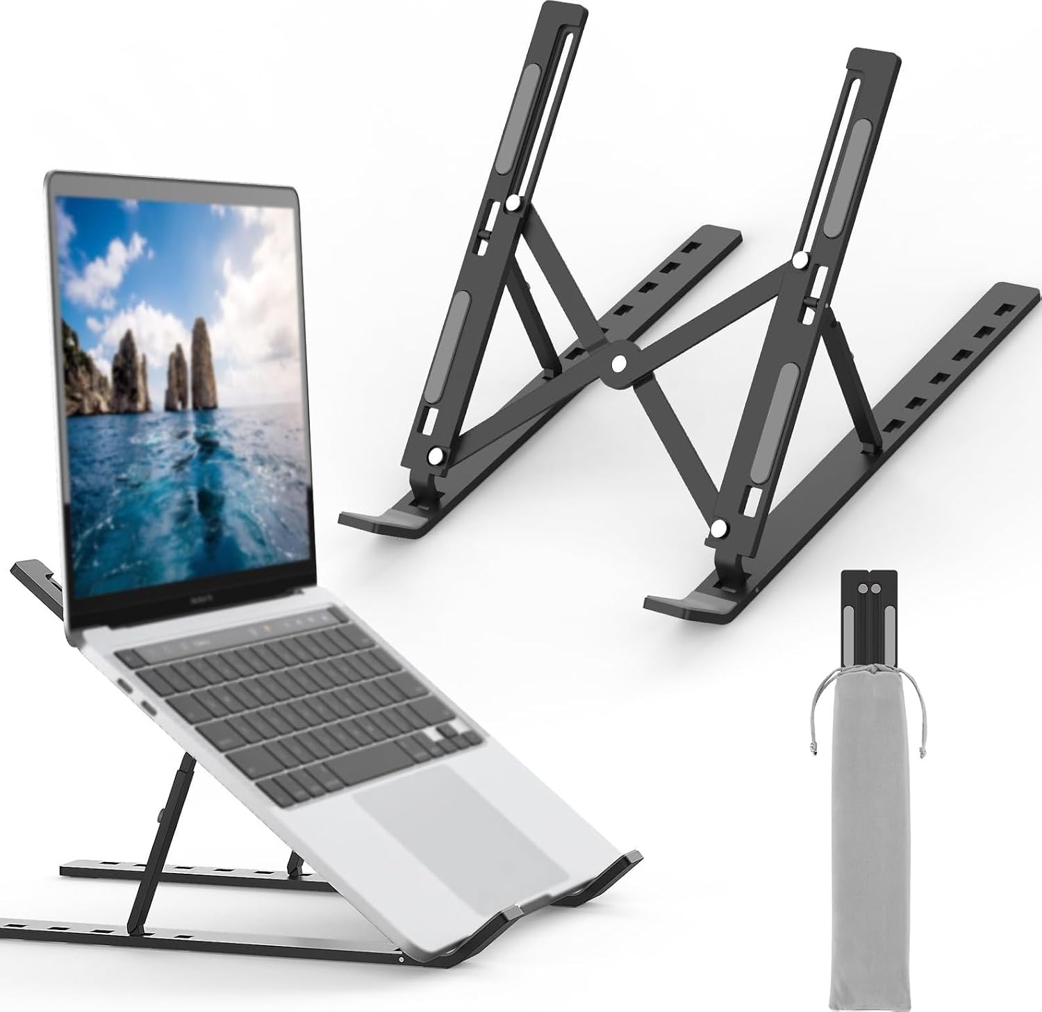 Laptop Stand for Desk Aluminium Foldable Riser 7-Angle Adjustable 10-15.6"" Black - Image 3