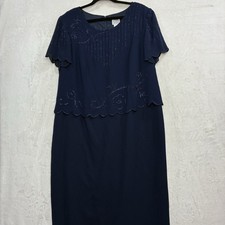 R&M Richards Formal Dress 18WP Petite Navy Blue Beaded Evening Sheer Overlay