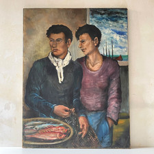 Ancien Tableau Huile sur Toile - Les Pêcheurs - Ramon Jou Senabre - Daté 1959