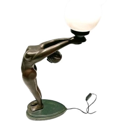 Max Le Verrier Stil große Art Deco Tänzerlampe & opake Glaskugel