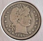 1894-O New Orleans Mint 90% Silver Barber Quarter VG Condition Great Rims