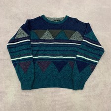 Vintage Knitted Jumper abstract patterned grandad knit sweater with leather