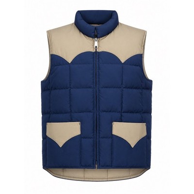 Vintage Schott Down Puffer Vest Blue Tan Western Yoke Zip Quilted Men s Medium