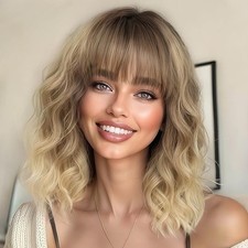 Ombre Blonde Short Wavy Hair with Bangs 14in Natural Premium Wig