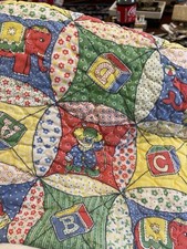 70s VTG Baby Blanket Playful Cartoon Zoo Alphabet Blocks Patchwork Quilt 44 X 44