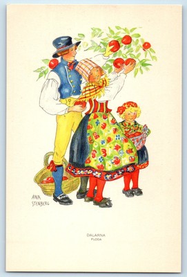 Dalarna Floda Harvesting Apples Aina Stenberg Signed Artist Sweden Postcard