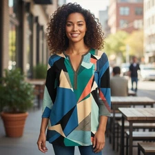 Chico's Women's Size Small Geometric Pattern V-Neck Long Sleeve Tunic Blouse