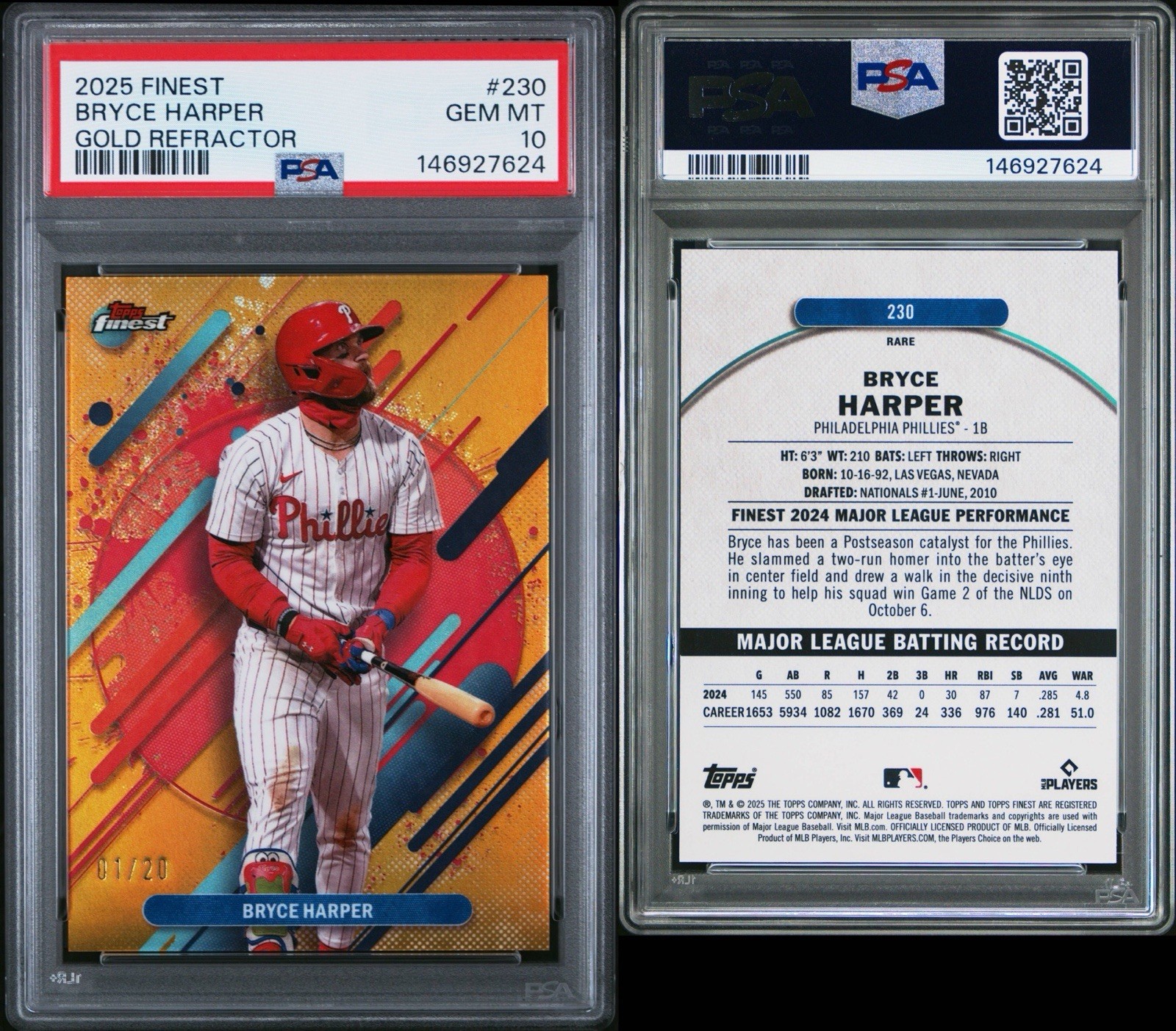 2025 Finest Bryce Harper Gold Refactor 1/20 PSA 10 POP 3 #230 Phillies view 3