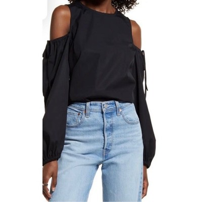 NWT Open Edit Black Cold Shoulder Puff Sleeve Cotton Blouse Top M