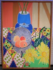 Abstract Oil Painting Fruit Flowers Still Life Signed 31" x 23"