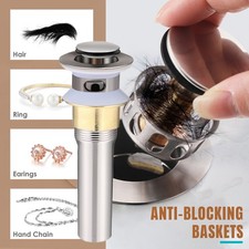 Bathroom Sink Pop Up Drain Brushed Nickel Basin Vessel Stopper with Overflow