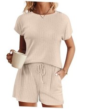 Pajamas Set for Women 2 Piece Pjs Ribbed Knit Lounge Set Cap Small Beige