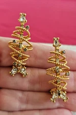Hattie Carnegie Clip Earrings Rhinestone Spiral Christmas Tree Gold Tone