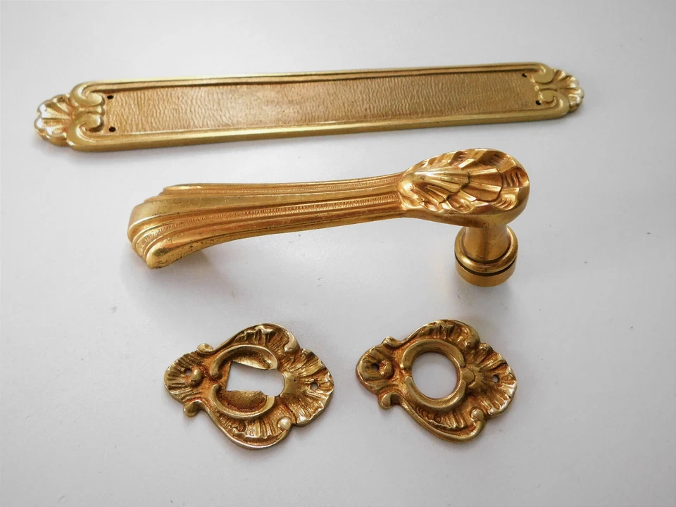 Ensemble, Ancienne Poignée,Plaque de Propreté et Rosaces,Bronze Doré, Régence - Photo 2/4