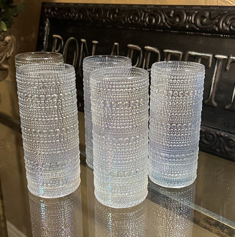 Beaded Iridescent Tall Thin Glass Highball Glasses 5 PC Tumbler Set