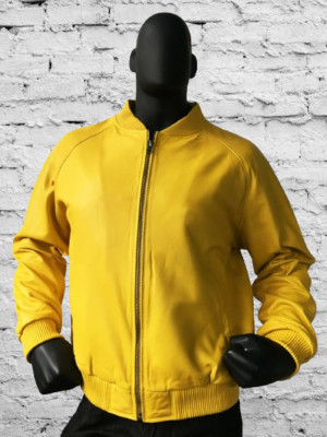 Herren Gelb Lederjacke 100% Echt Pure Weich Schafsfell Bomber Modische Jacke