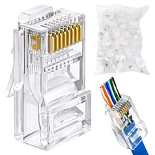 100-Pack RJ45 Pass Through Ethernet Cable Crimp Connectors Gold Plated