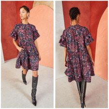 Ulla Johnson Fawn Dress Size 2 Midnight Blue Pink Floral Ruffled