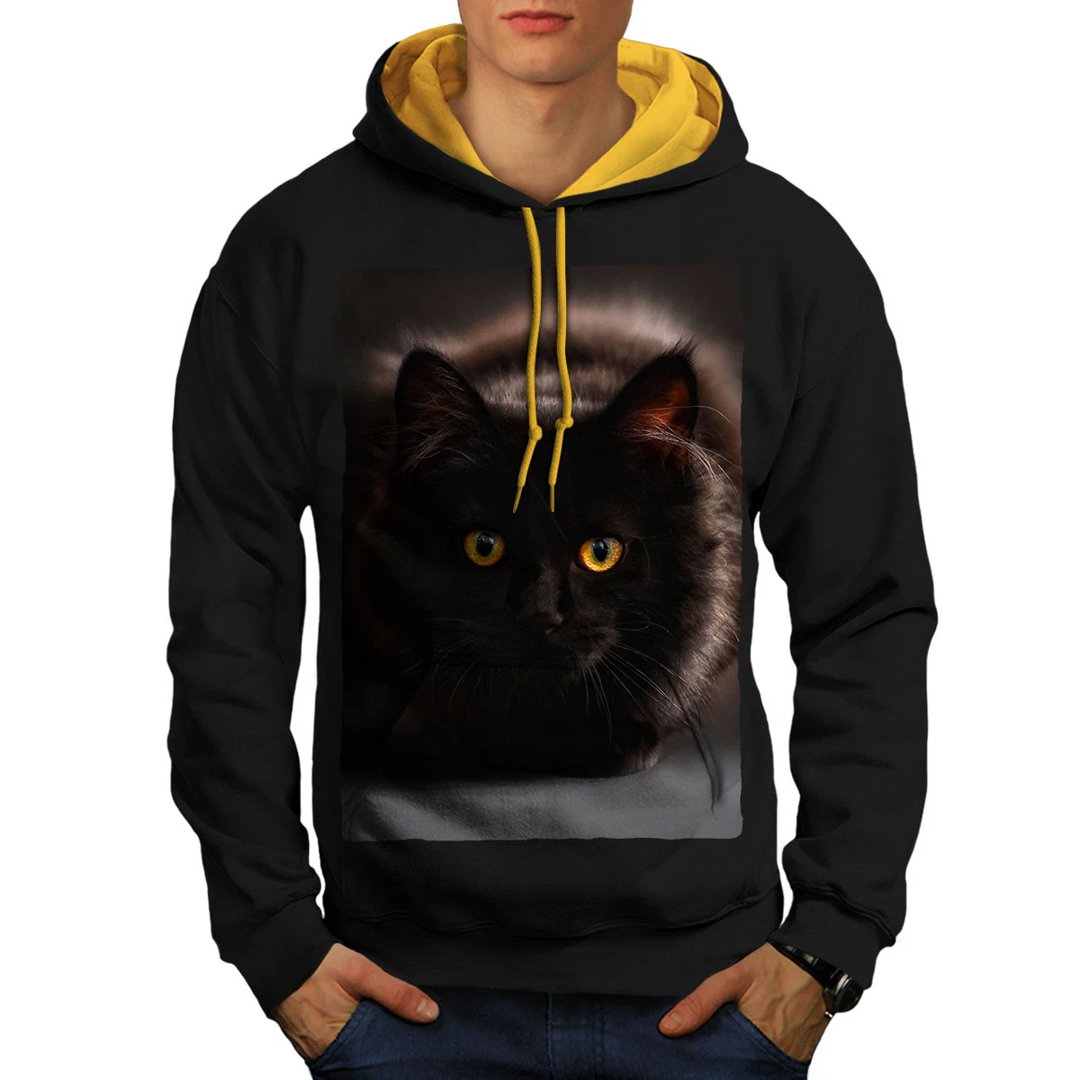 Wellcoda Black Pussy Cat Mens Contrast Hoodie Fluffy Casual