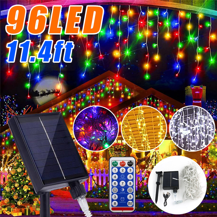 Solar LED Hanging Icicle Curtain Lights - 96LED, 8 Modes, IP65 Waterproof For Outdoor Xmas Wedding Party