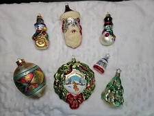 Lot Of 7 Assorted Hand Blown Glass Christmas Ornaments Snowman Santa Tree Wreath