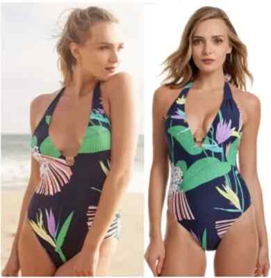 Trina Turk Size 6 Midnight Paradise V Plunge One Piece Swimsuit