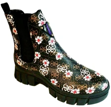 GUESS Size 9 Brown Colorful Floral Block Heel Slip on Fashion Lug Boots NEW