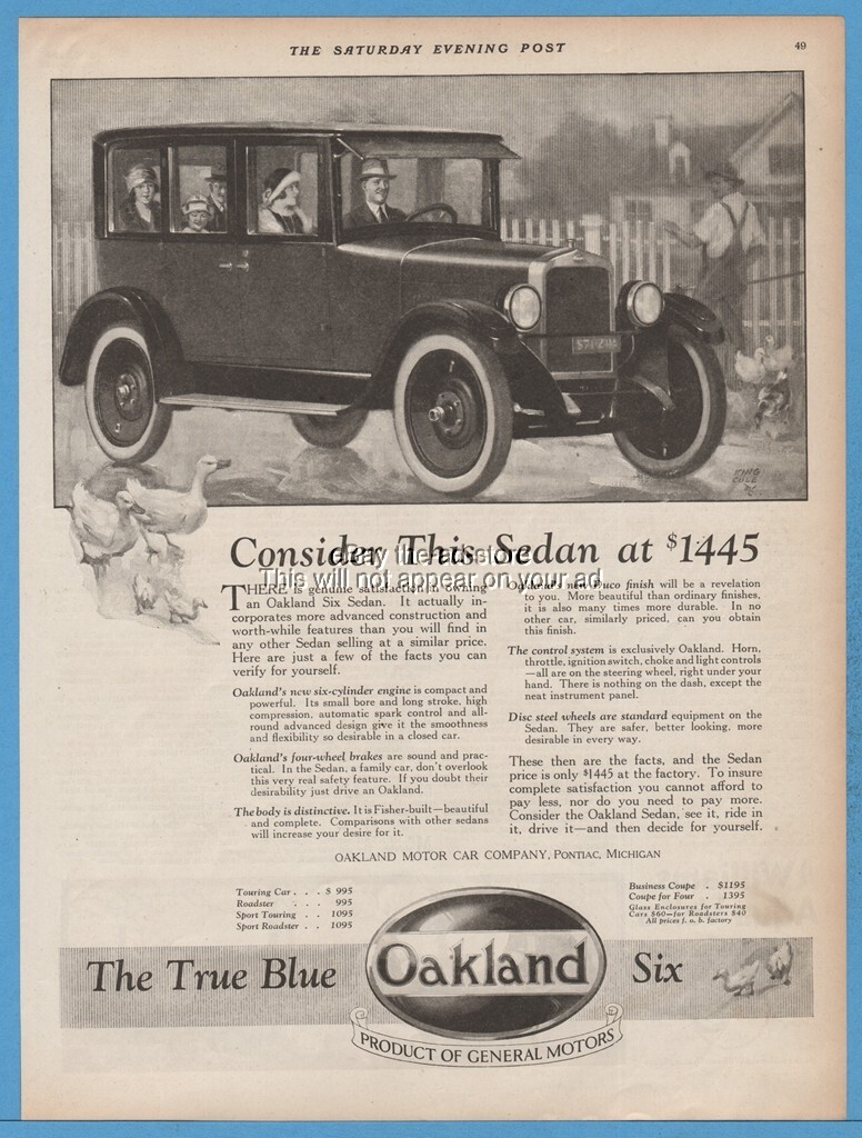 1924 Oakland Motor Car Co Pontiac MI Six Sedan General Motors King Cole Art Ad