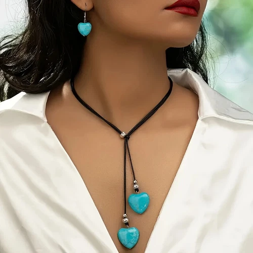 Vintage Bohemian Style Long Heart & Turquoise Design Necklace And Earring Set - Picture 1 of 8